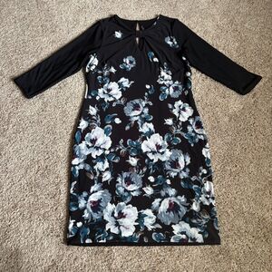 WHBM Dress Womens SP Black Floral Shift 3/4 Sleeve Keyhole Office Career Wedding